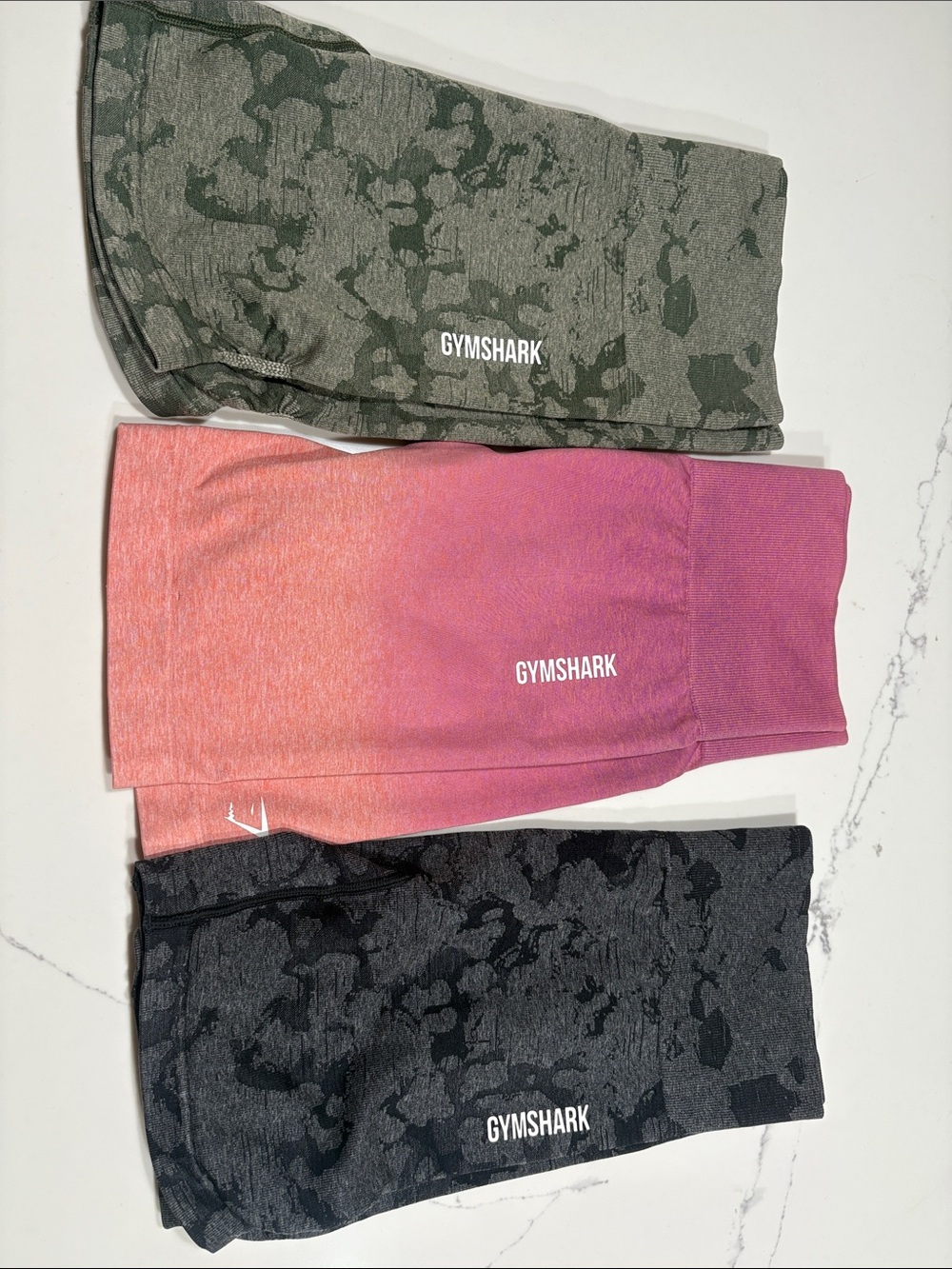 Gymshark Women's Athletic Shorts Trio — Pink Ombre, Olive Camo, Charcoal Camo